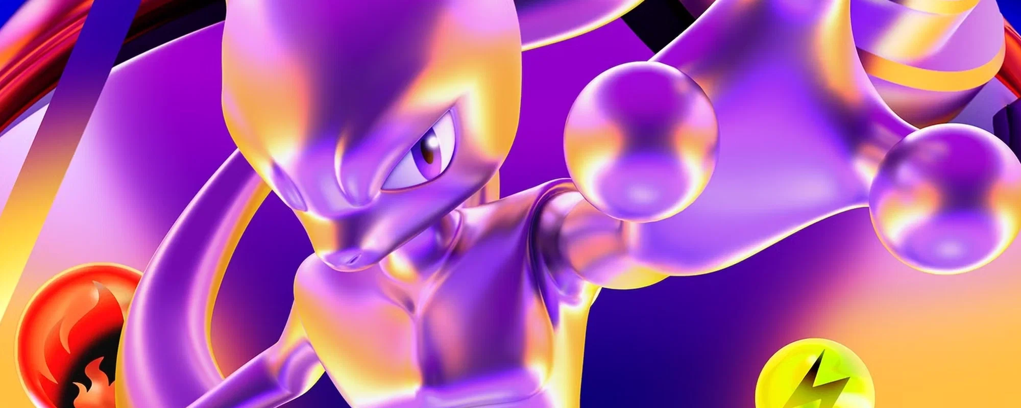 Ilustración de Mewtwo en tonos violeta y dorado, rodeado de símbolos de tipo de cartas.